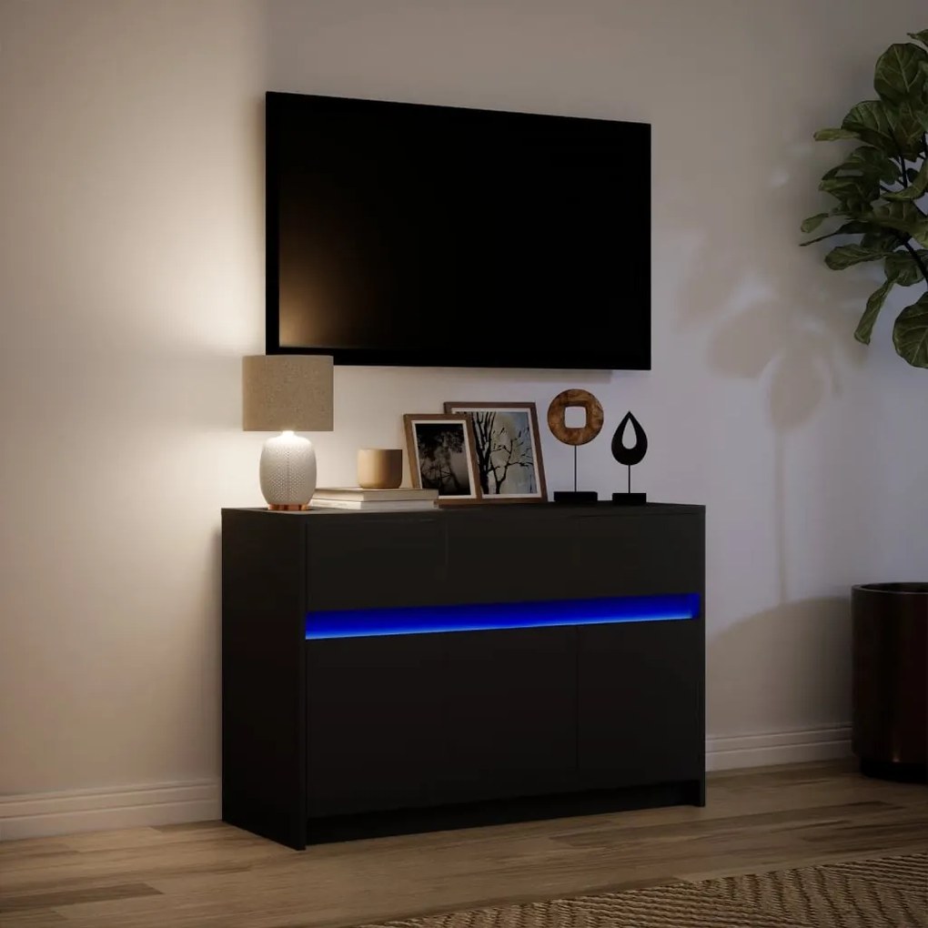 fekete szerelt fa TV-szekrény LED-ekkel 91 x 34 x 61 cm