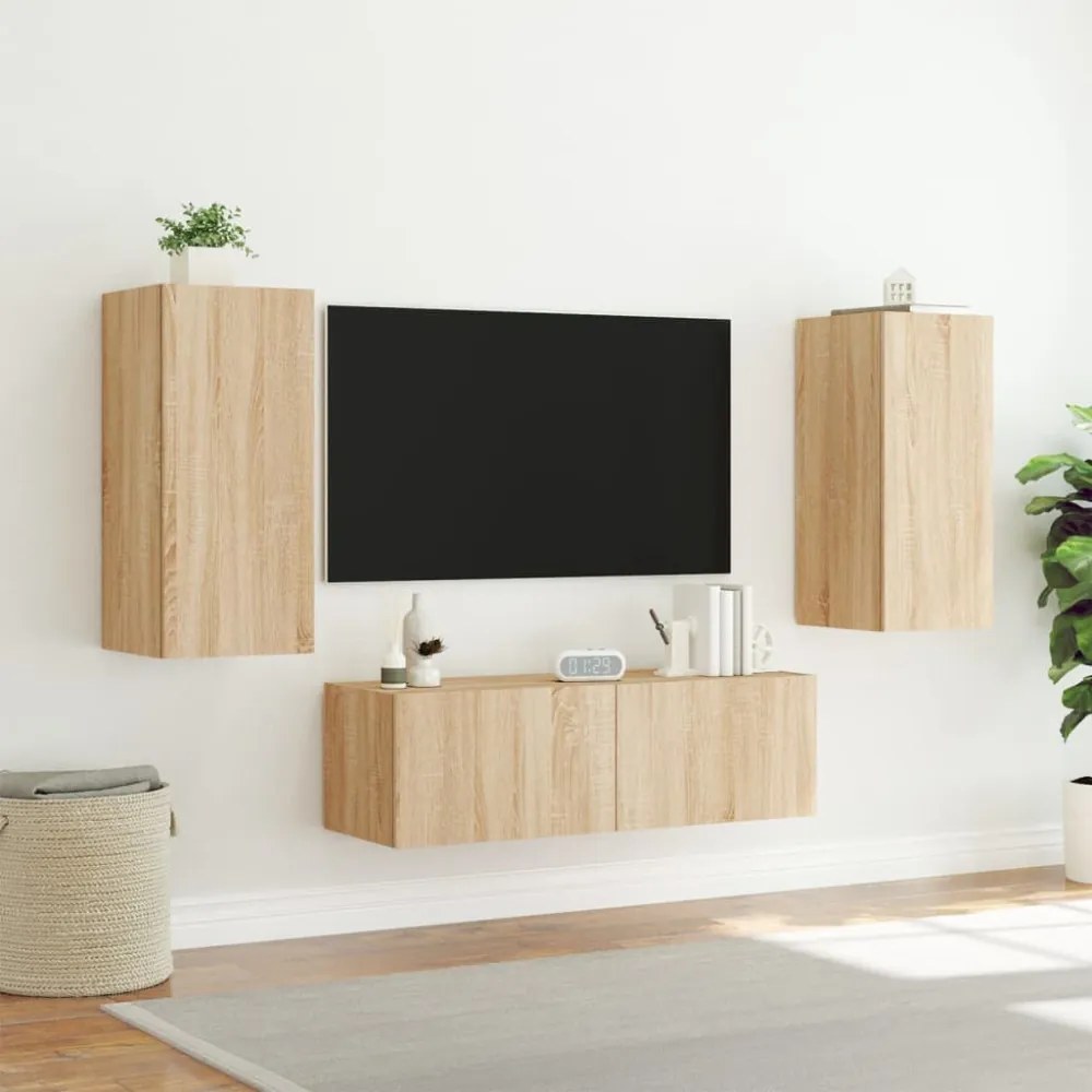 3 darab sonoma tölgy színű falra szerelhető TV-szekrény LED-del