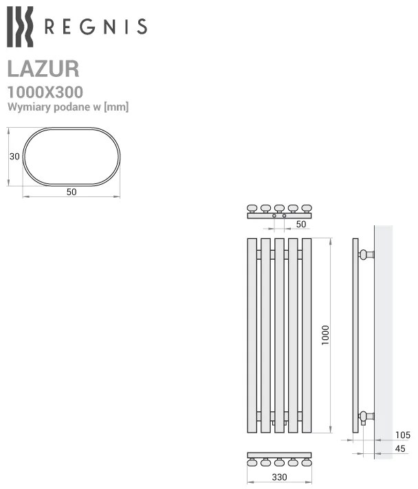 Regnis Lazur LA, fűtőelem 330x1000mm központi csatlakozással 50mm, 428W, fekete matt, LAZURLA/1000/330/D5/BLACK