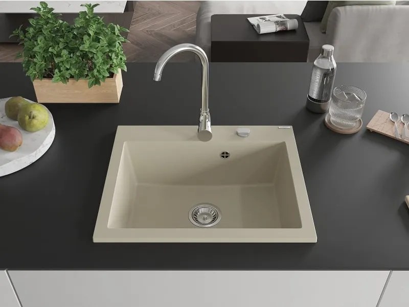 Mexen Elix gránit mosogató 1-medencés 600 x 500 mm, bézs, króm szifon - 6525601005-69