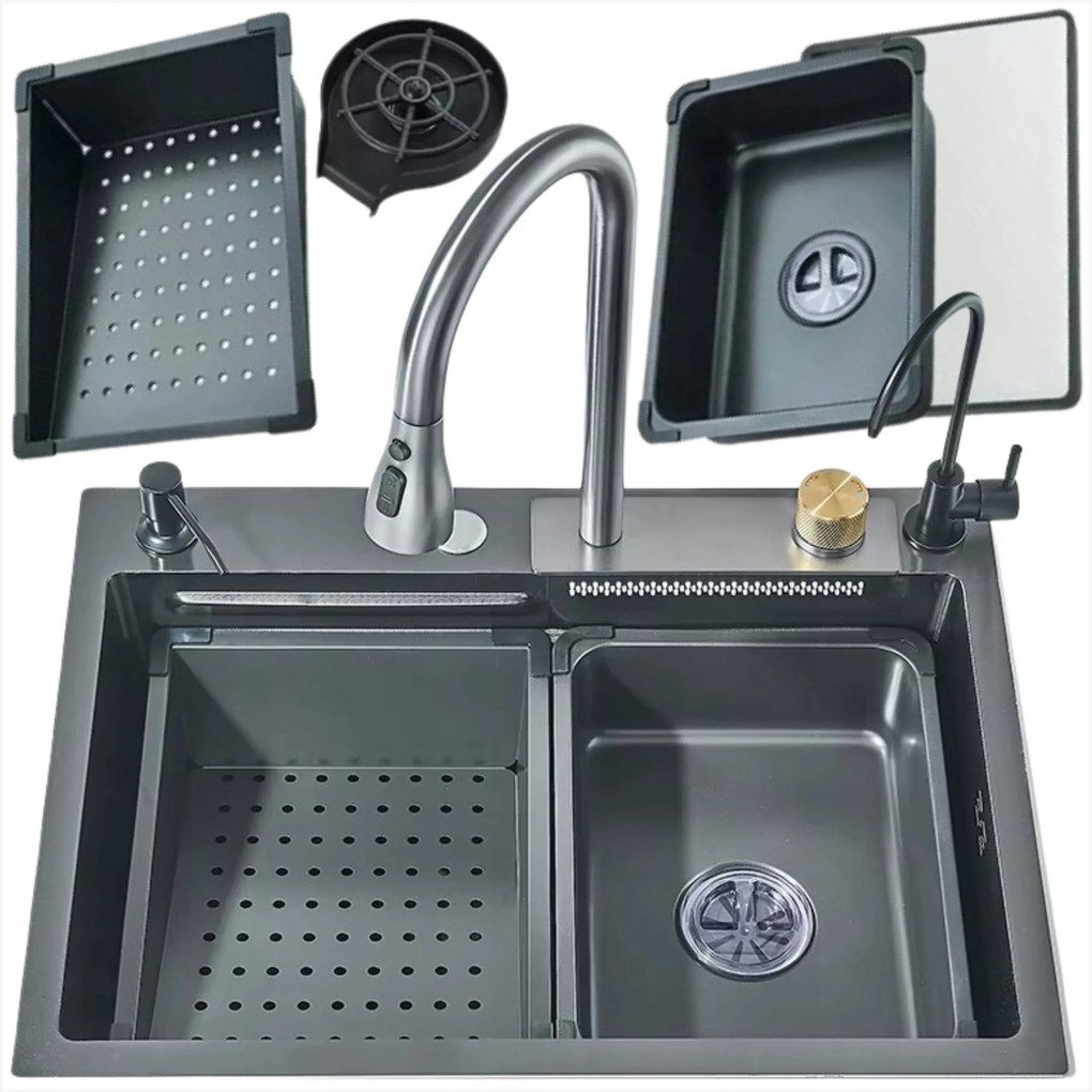 Konyhai mosogató 6in1 többfunkciós egymedencés mosogató 60x45CM Vízesés