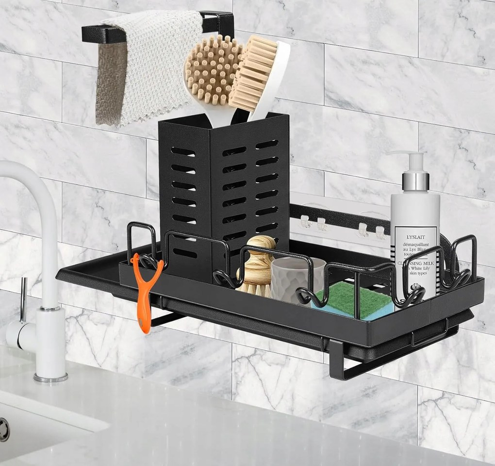 Mosogató rendszerező csepegtető tálcával fém fekete szivacsokhoz és folyadékokhoz