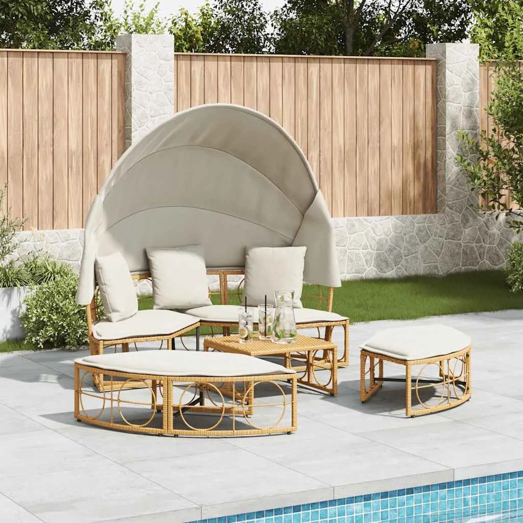 Polyrattan kültéri napozóágy napellenzővel és párnákkal