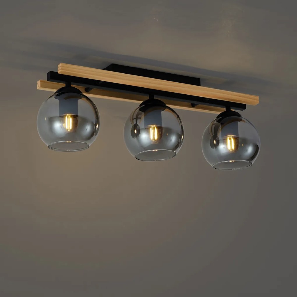 Modern mennyezeti lámpa fekete fa, füstüveggel, 3-lámpás - Aleks