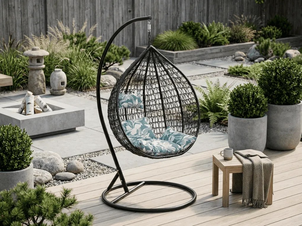 Fekete függő KOKON szék állvánnyal, zöld-fehér párna