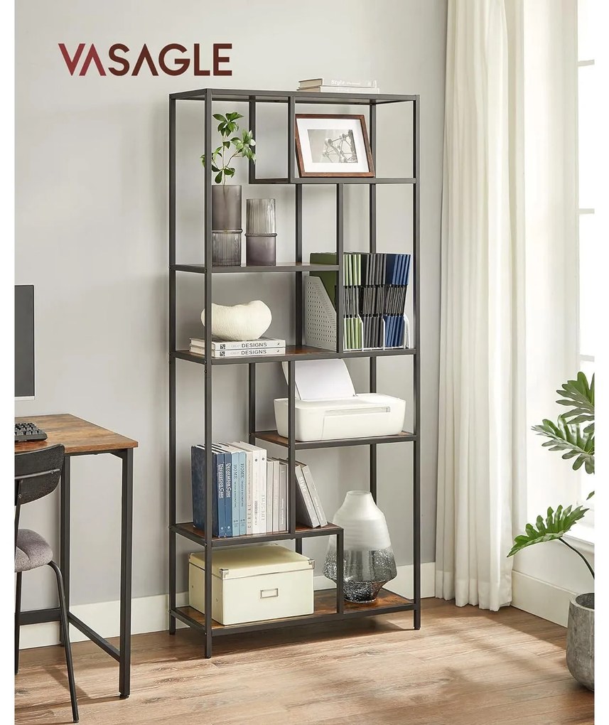 Könyvespolc, 6 szintes könyvespolc 30 x 80 x 180 cm, rusztikus barna és fekete