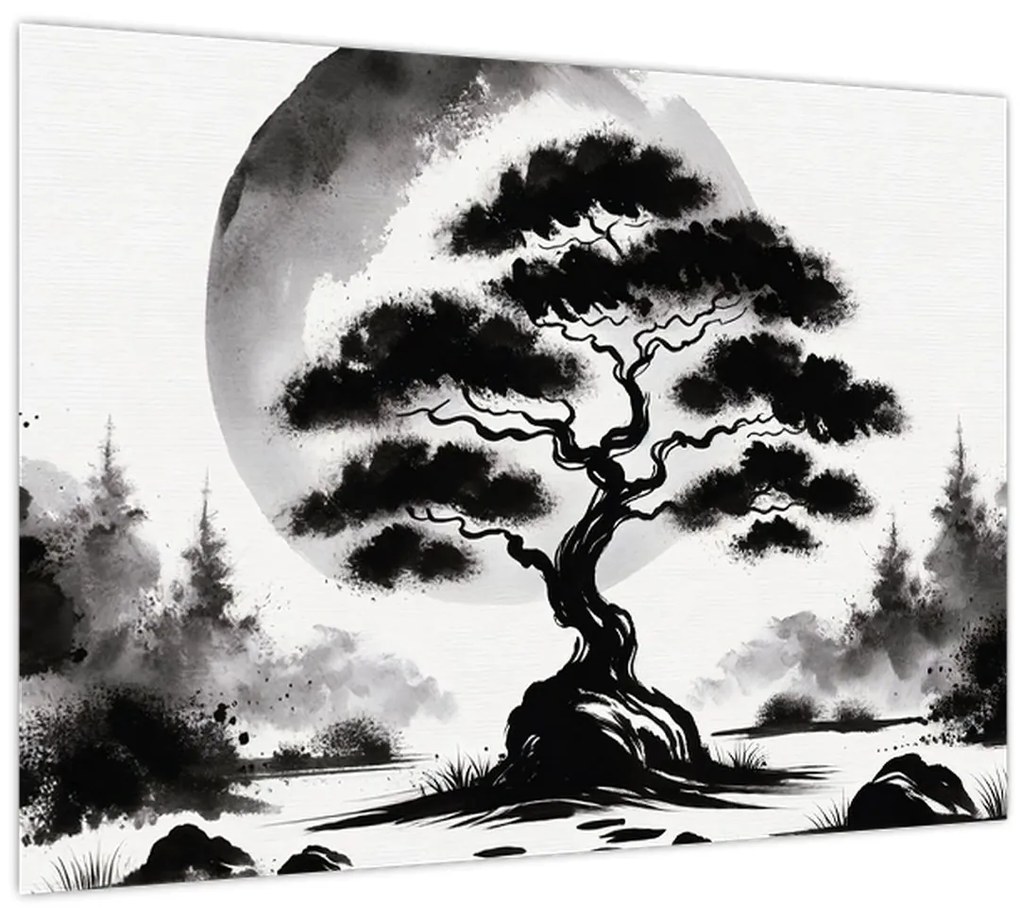 Üveg kép – Fekete-fehér bonsai (70x50 cm)