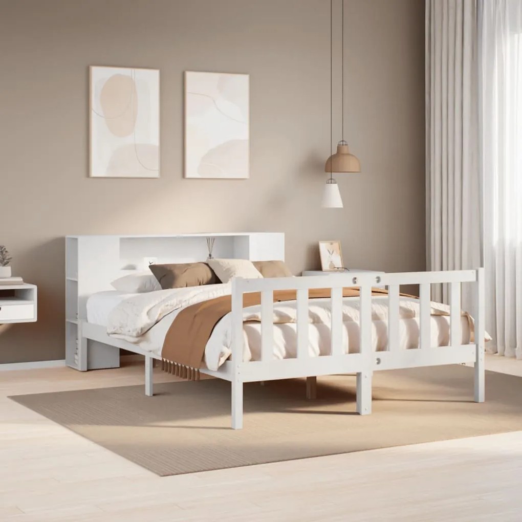 fehér tömör fenyőfa könyvespolcos ágy matrac nélkül 120x200 cm