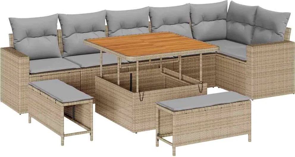 vidaXL Kerti Kanapé Szett 9 pcs Bézs polirattan