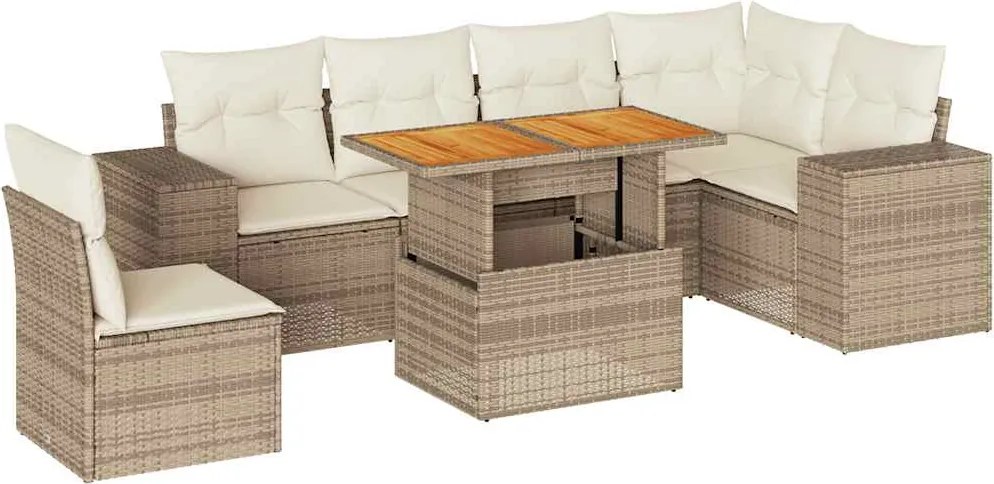 vidaXL 7 részes bézs polyrattan kerti ülőgarnitúra párnákkal