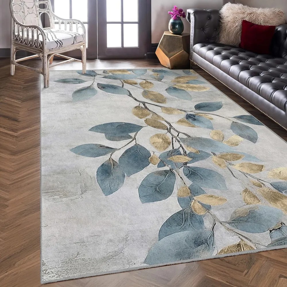 Világoskék-aranyszínű mosható szőnyeg 80x150 cm Golden Leaves – Mila Home