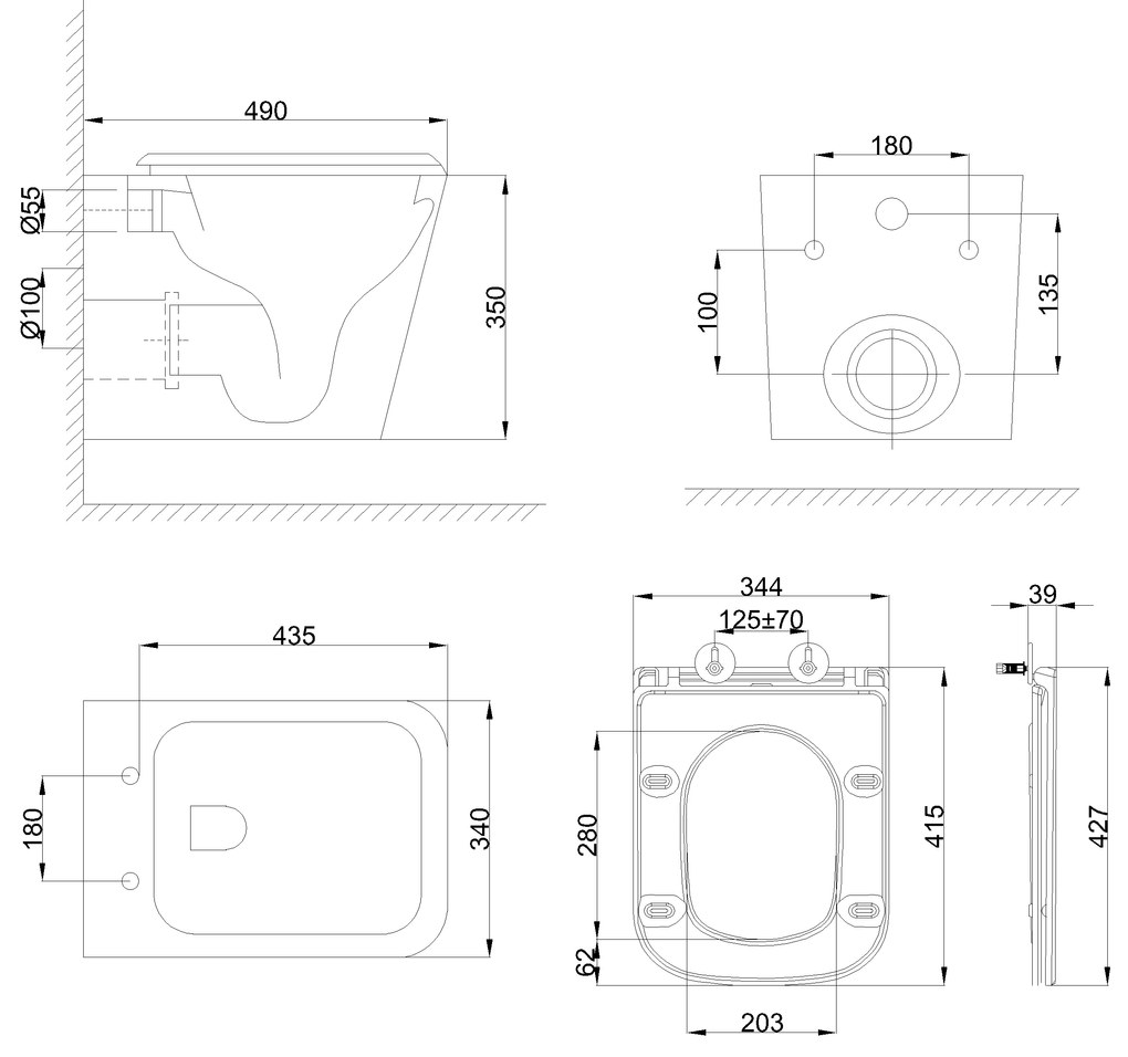 Erga Mery, függő wc csésze Rimless Tornado Flush 490x340x350 mm + wc ülőke lassan záródó, fehér, ERG-MERY-CE-94-001