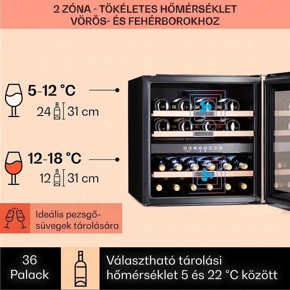 Klarstein Vinsider 36 Onyx Edition, borhűtő, 85 liter, 5 - 22 °C, 2 zóna