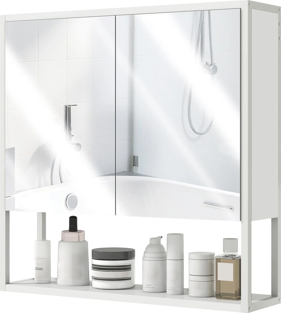 HOMCOM tükörszekrény fali fürdőszobai, 60 x 16 x 60 cm — 2 tükörajtó, állítható belső polc és nyitott polc, fehér | Aosom
