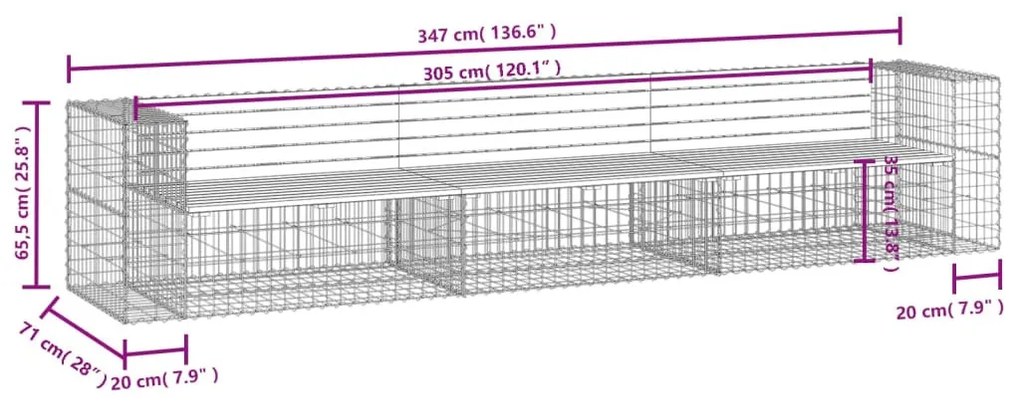 tömör impregnált fenyőfa gabion kerti pad 347x71x65,5 cm