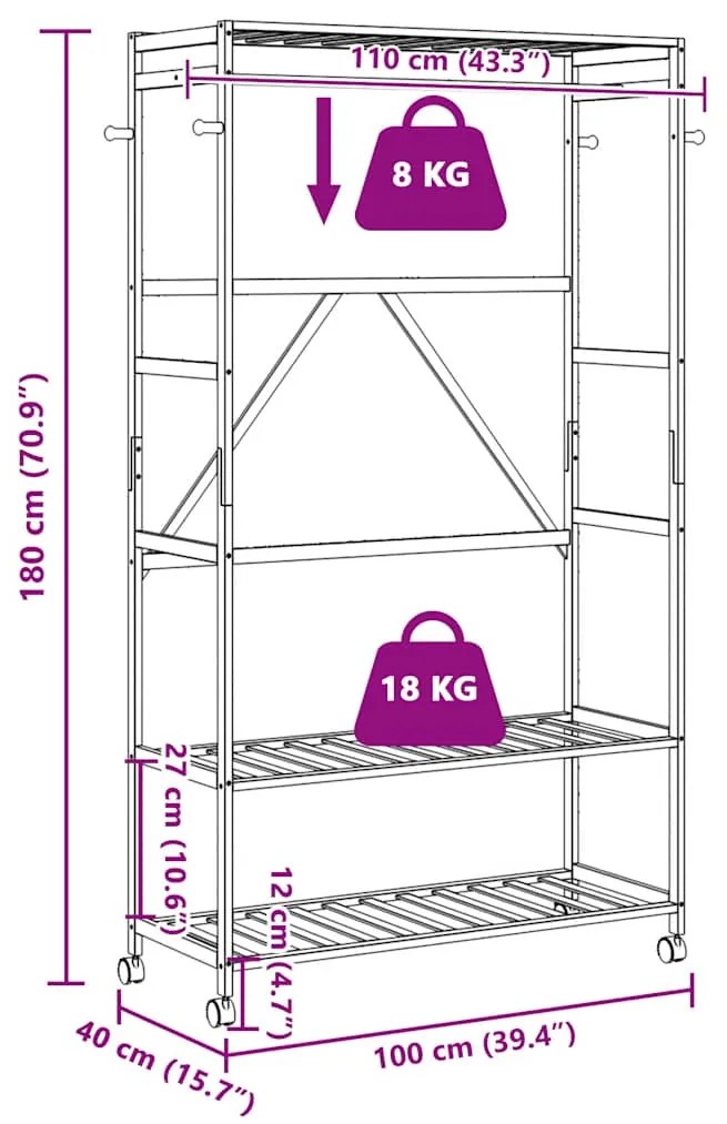 bambusz ruhaállvány polcokkal és kerekekkel 110x40x180 cm
