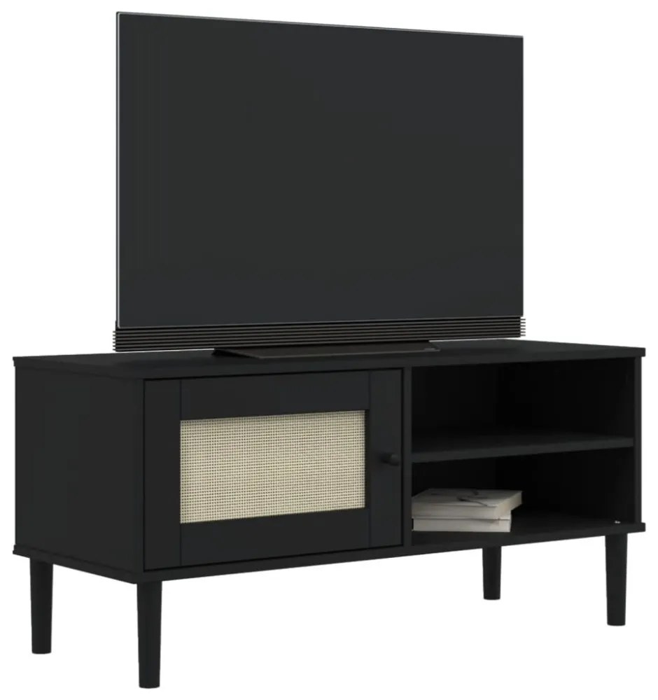 SENJA fekete rattanhatású tömör fenyő TV-szekrény 106x40x49 cm