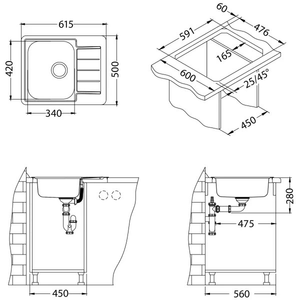 ALVEUS 1125356 - LINE konyhai mosogató 61,5x50 cm matt acél/szatén