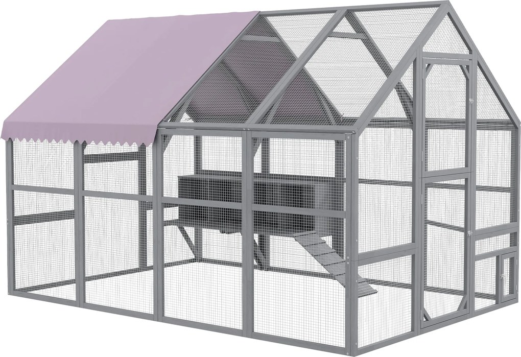 PawHut Fa Tyúkfuttató, 280 x 185,5 x 188 cm, Tyúkketrec Ajtóval, Tojástartóval, Tetővel, Rámpával, Kültéri Védett Terület 8-12 Tyúk Számára, Szürke |