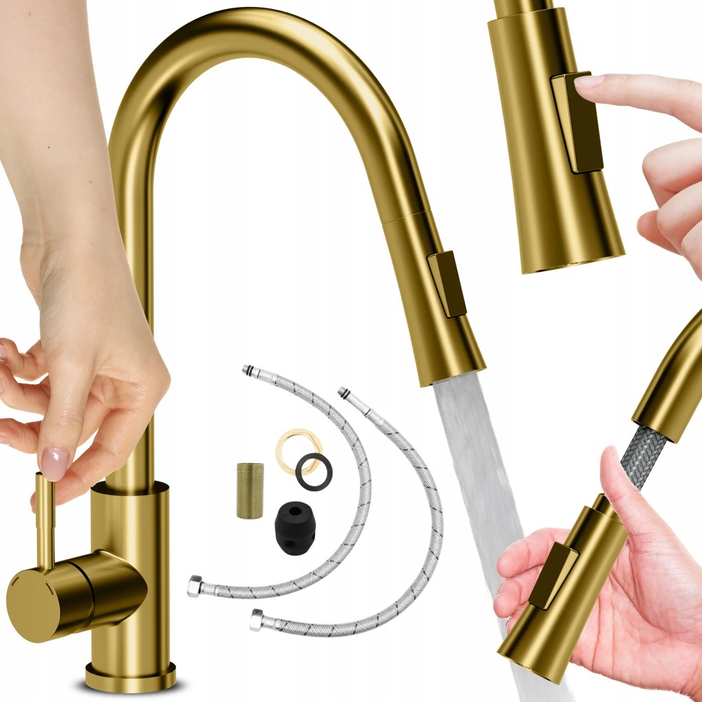 Arany Konyhai Csaptelep Kihúzható Kifolyócsővel És Zuhanyzóval Konyhai Csaptelep 2in1
