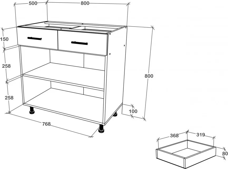 Benita 2 fiókos 2 ajtós Alsó konyhaszekrény Bronz Tölgy-Fehér 80x50x80 cm N
