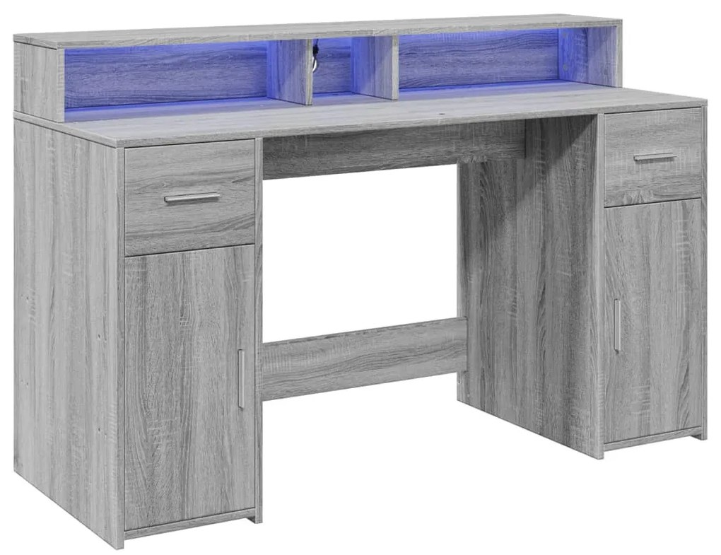szürke sonoma színű szerelt fa íróasztal LED-ekkel 140x55x91 cm