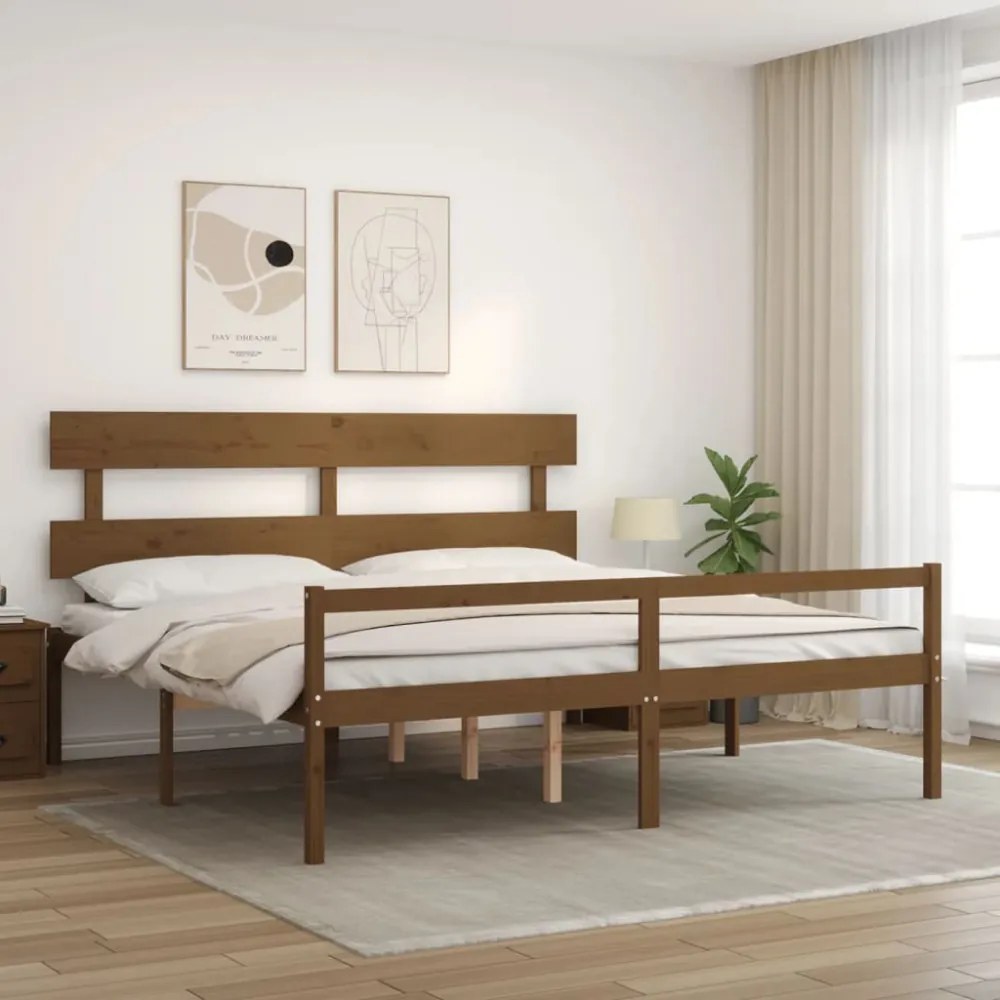mézbarna tömör fa ágy időseknek fejtámlával 200x200 cm