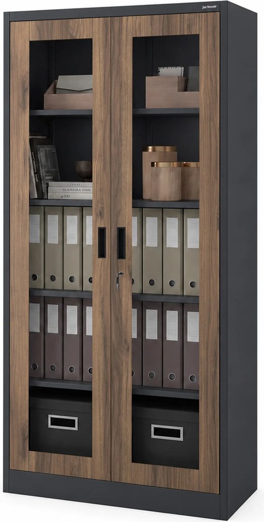 Fém szekrény vitrinnel, antracit, dió, 900x1850x400 mm: AMELIA Eco Design