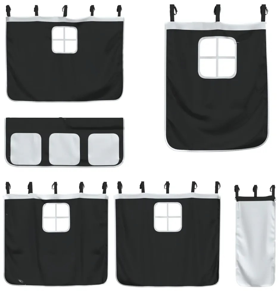 fehér/fekete tömör fenyőfa emeletes ágy függönyökkel 75x190 cm