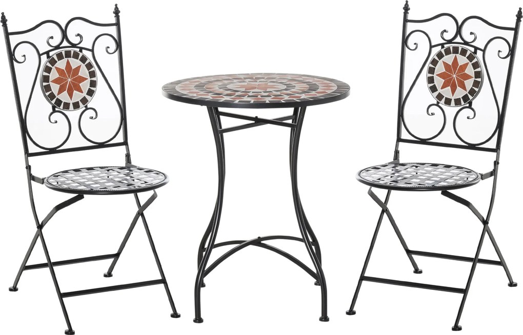 Outsunny Kerti Ülőgarnitúra 3 részes Mozaik Asztal Étkezőszett Erkélybútor Kerti Bútor Szett 1 Asztal + 2 Összecsukható Szék Kerti Fém Többszínű | Aos
