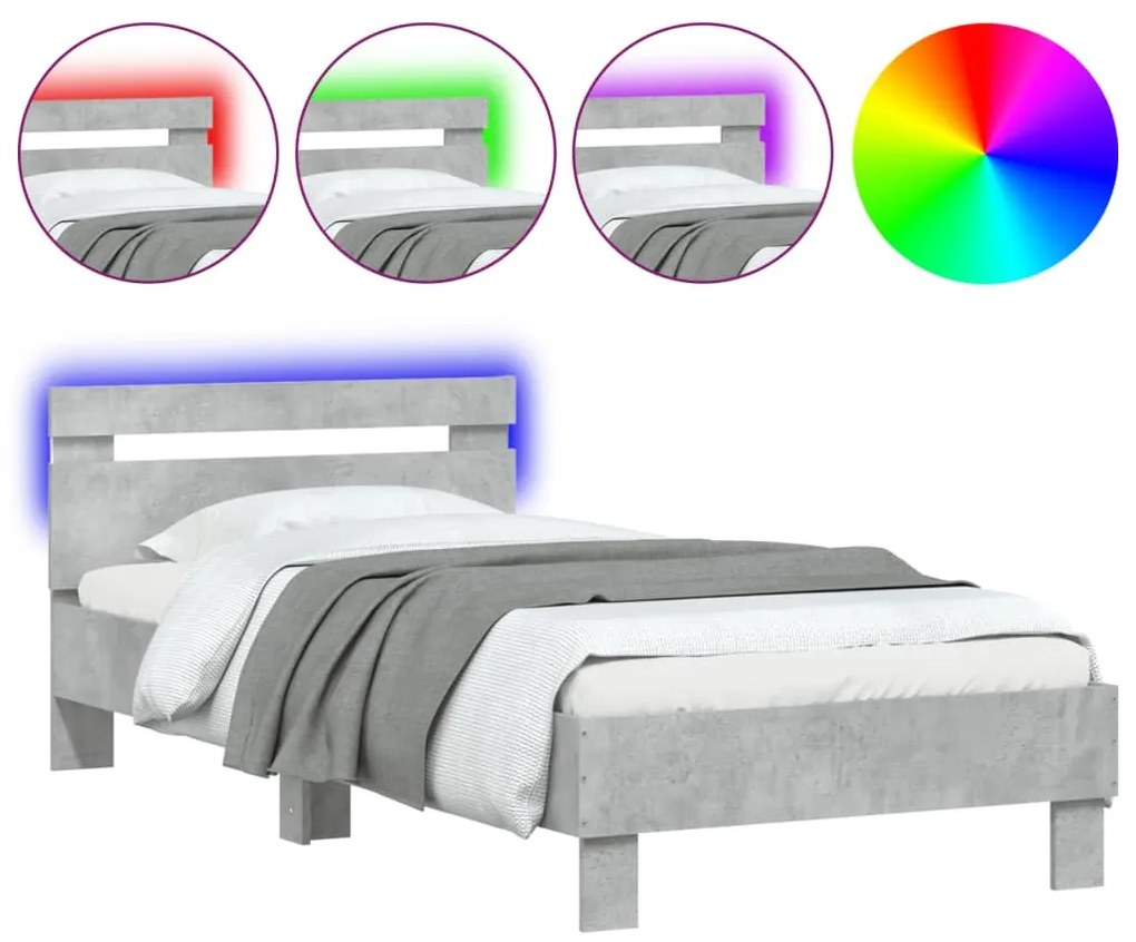 betonszürke ágykeret fejtámlával és LED-világítással 90x200 cm