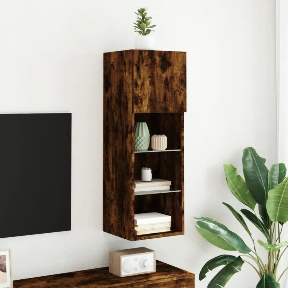 füstös tölgy színű TV-szekrény LED-világítással 30,5x30x90 cm