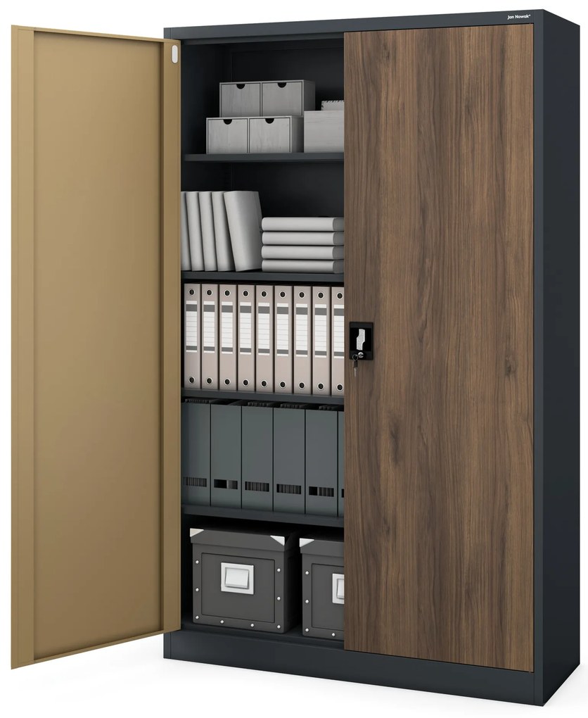 Fém irodai iratszekrény, széles, antracit/dió, 1150x1850x400 mm: JAN II Eco Design