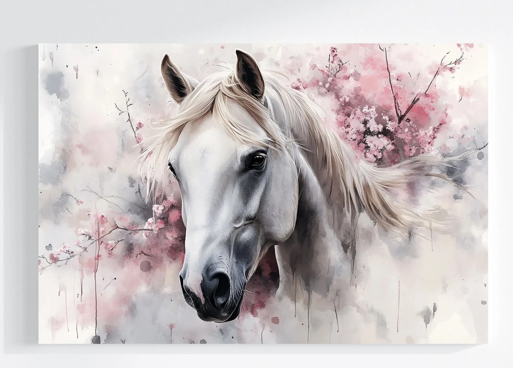 Vászonkép Canvas Fehér Ló Rózsaszín Virágok Sörény Portré 120x80