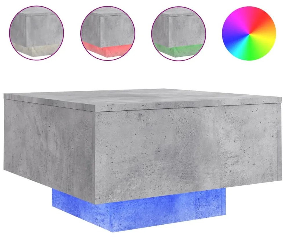 betonszürke dohányzóasztal LED-lámpákkal 55 x 55 x 31 cm