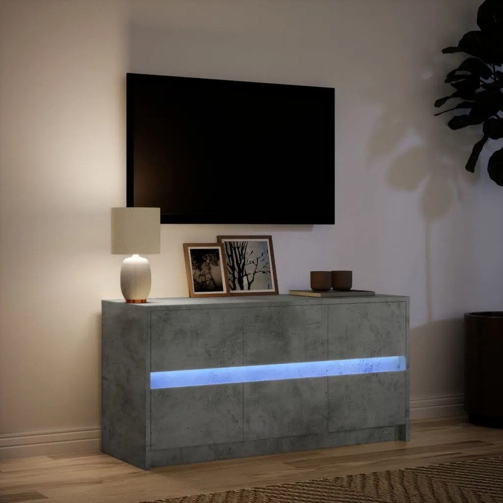 betonszürke szerelt fa TV-szekrény LED-ekkel 100 x 34 x 50 cm