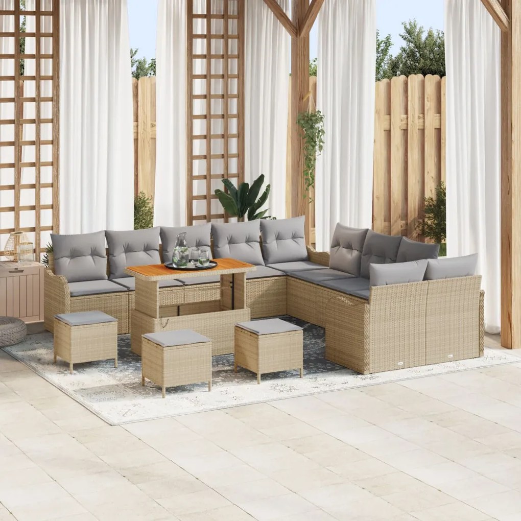 14 részes Kerti Sofa Szett Párnákkal Bézs Poli Rattan Akácia, 2-Fős Kerti Sofa Tárolóval és Párnákkal Bézs Poli Rattan, 4 Részes Kerti Étkező Szett Párnákkal Bézs Poli Rattan Akácia