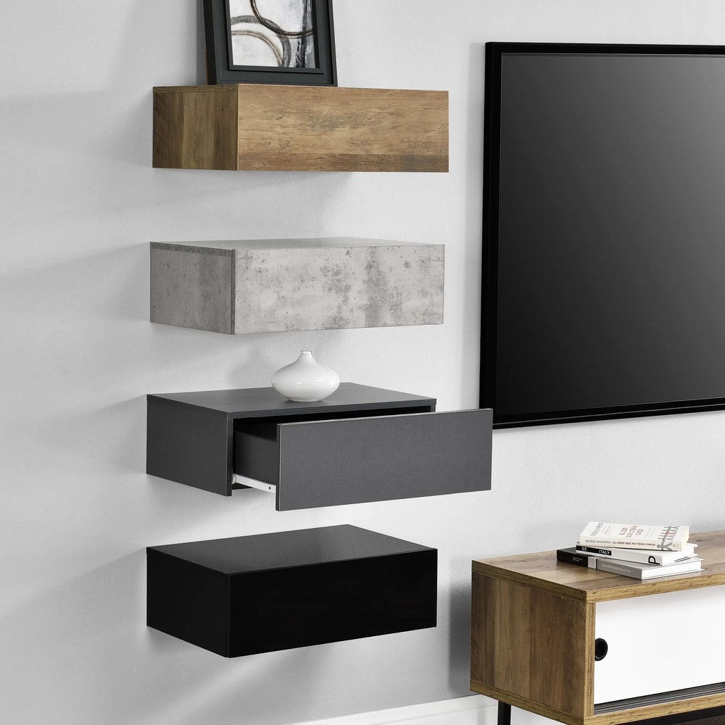 Falra szerelhető éjjeliszekrény szett 4 db, fiókos fa/beton/szürke/fekete [en.casa]