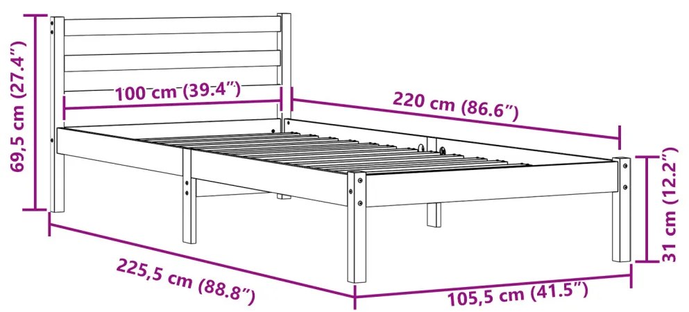 Ágykeret Fejtámlával 100x220 cm Tömör Fenyőfa