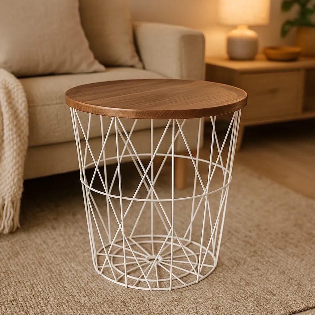 Tároló drótasztal MDF lappal 37 x 39 cm, bézs