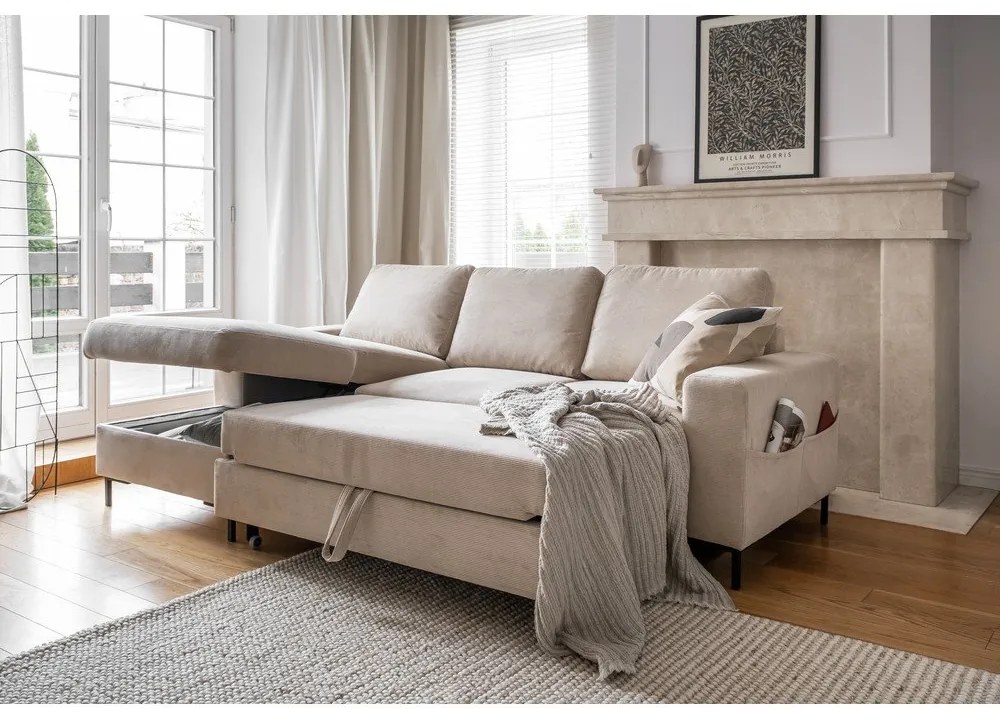Bézs kordbársony kinyitható sarokkanapé (bal oldali) Lofty Lilly – Miuform