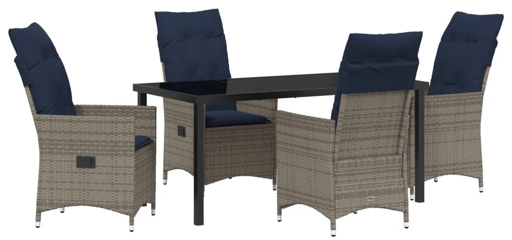 5 darabos kerti étkező garnitúra párnákkal szürke poli rattan, Kerti asztal fekete 160x80x73 cm edzett üveg