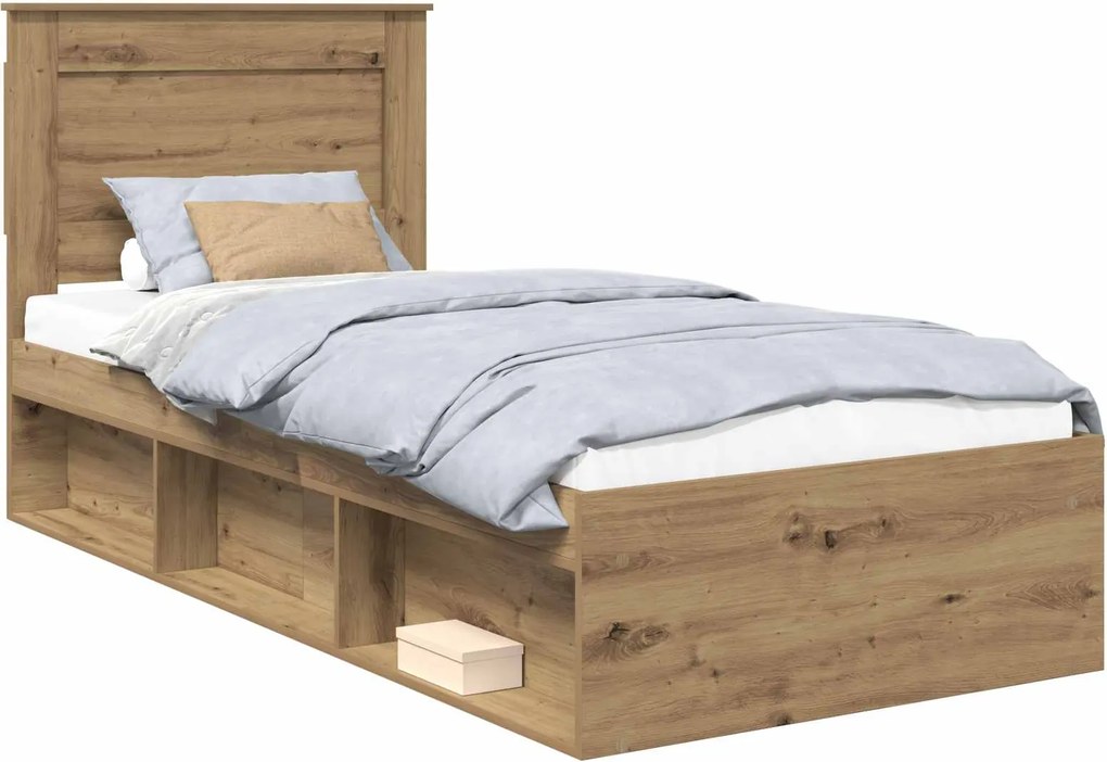 vidaXL Ágykeret fejtámlával Művészi tölgy 90 x 190 cm Tömör fenyőfa