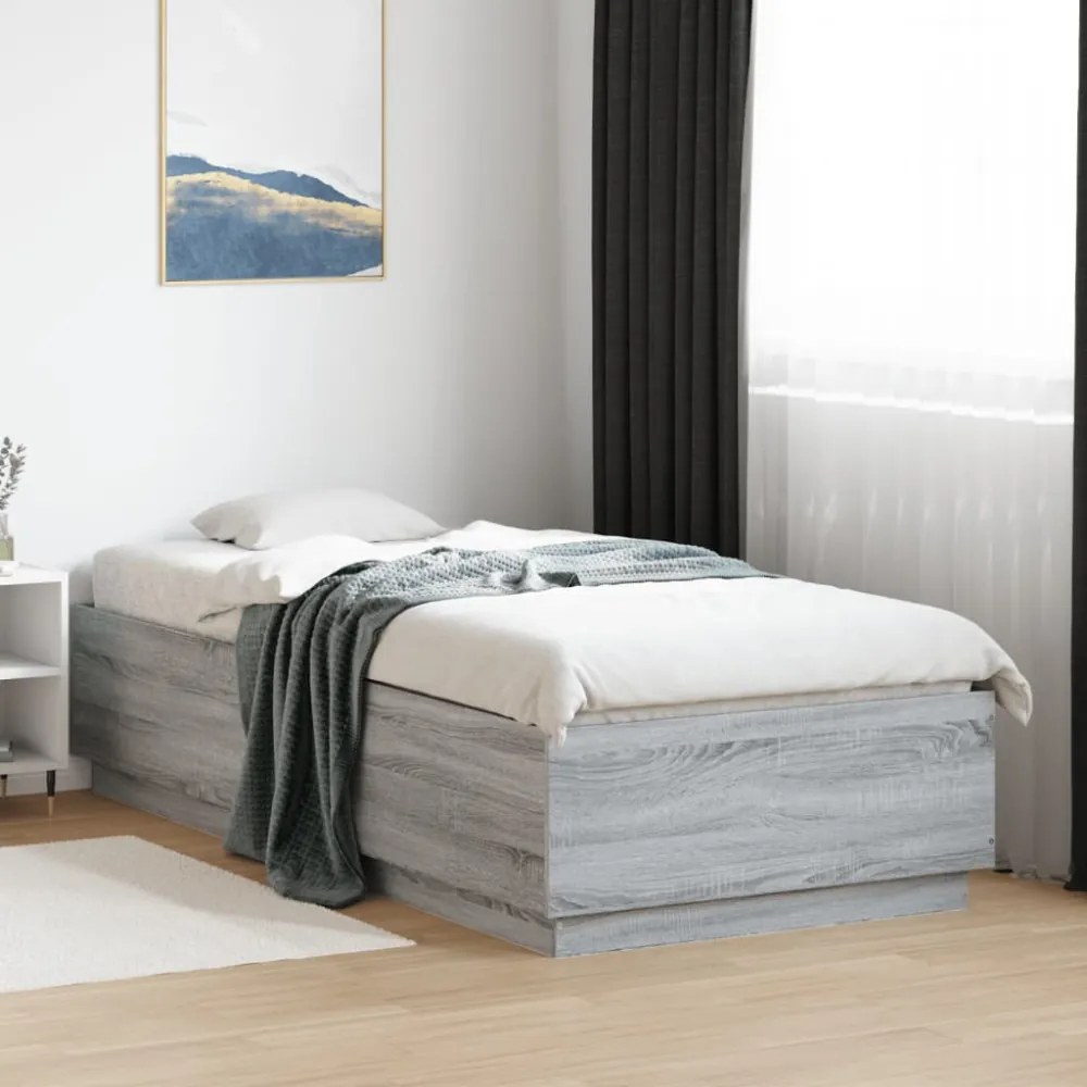 szürke sonoma színű szerelt fa ágykeret LED-del 90 x 200 cm