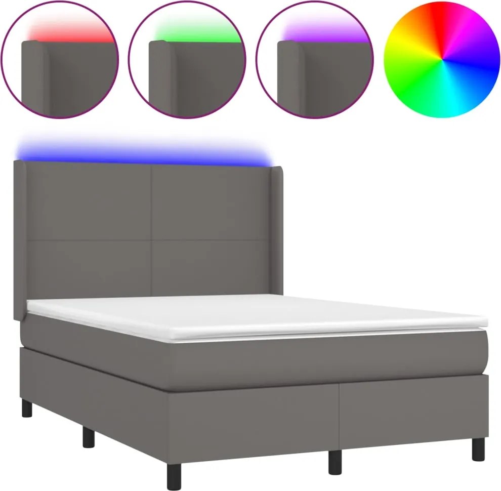 vidaXL szürke műbőr rugós ágy matraccal és LED-del 140x190 cm