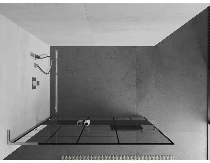 Mexen Kioto+ L, Walk-In zuhanyparaván polccal és akasztóval 80 x 200 cm, 8 mm átlátszó üveg fekete mintás, króm profil, 800-080-123-01-78