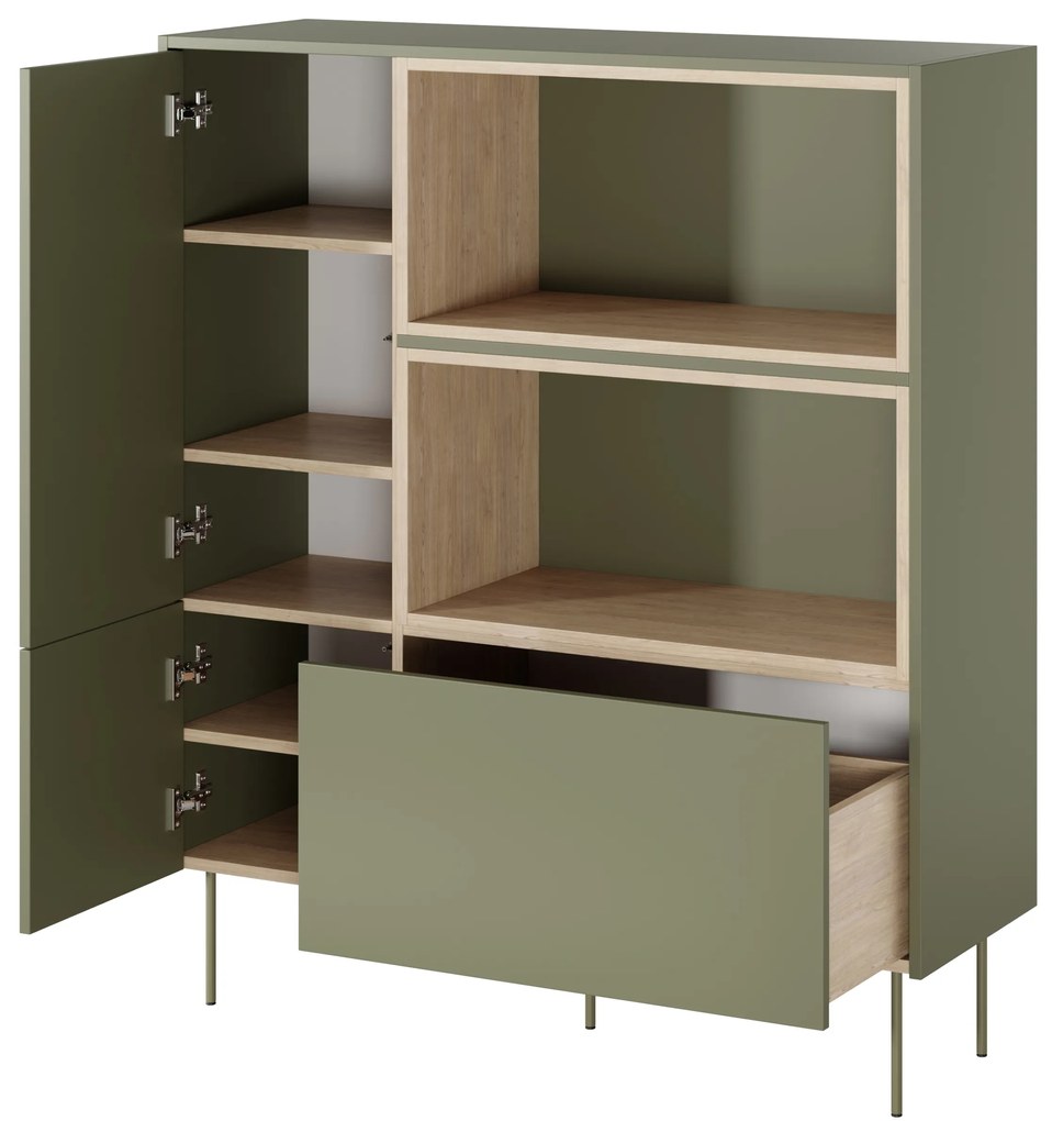 Desin magas komód 120 cm kétajtós fiókos nyitott polcos - olíva / nagano tölgy