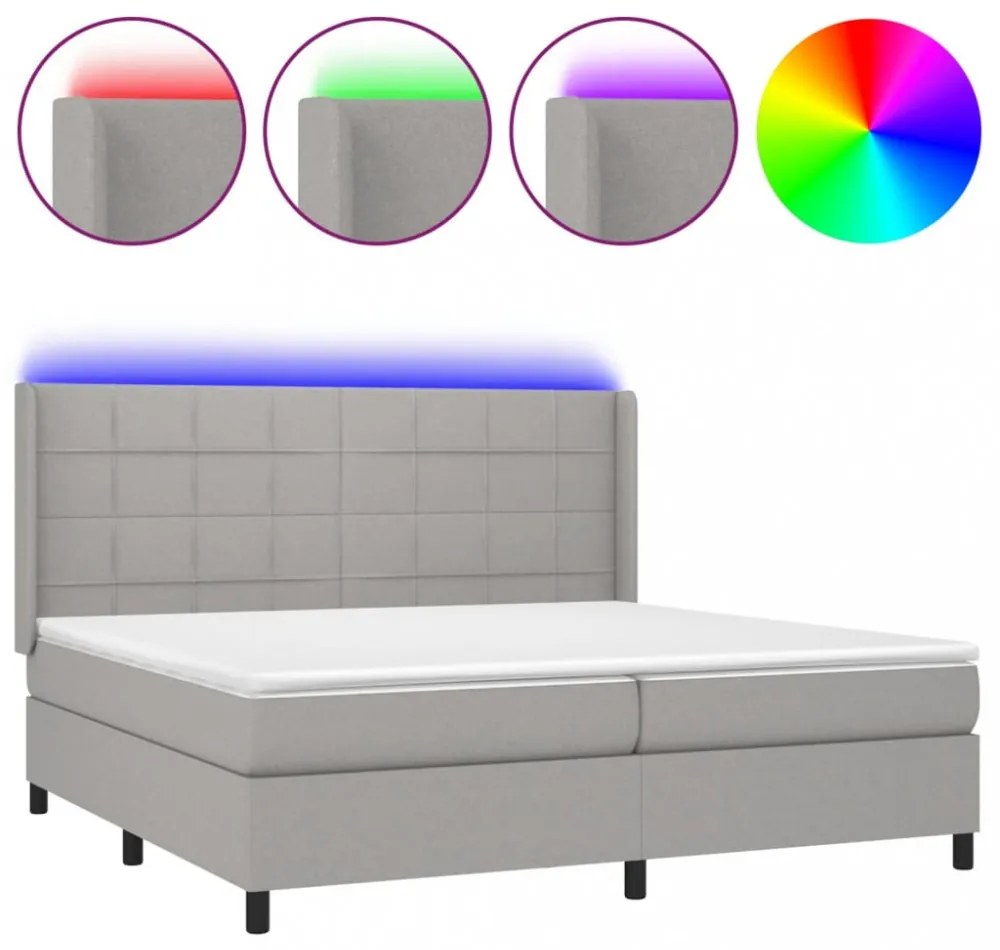 világosszürke szövet rugós és LED-es ágy matraccal 200x200 cm