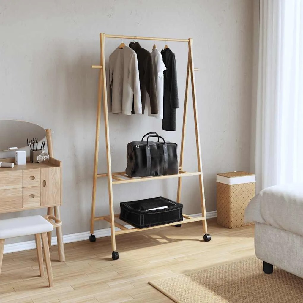 bambusz ruhaállvány polcokkal és kerekekkel 96x45,5x155,5 cm
