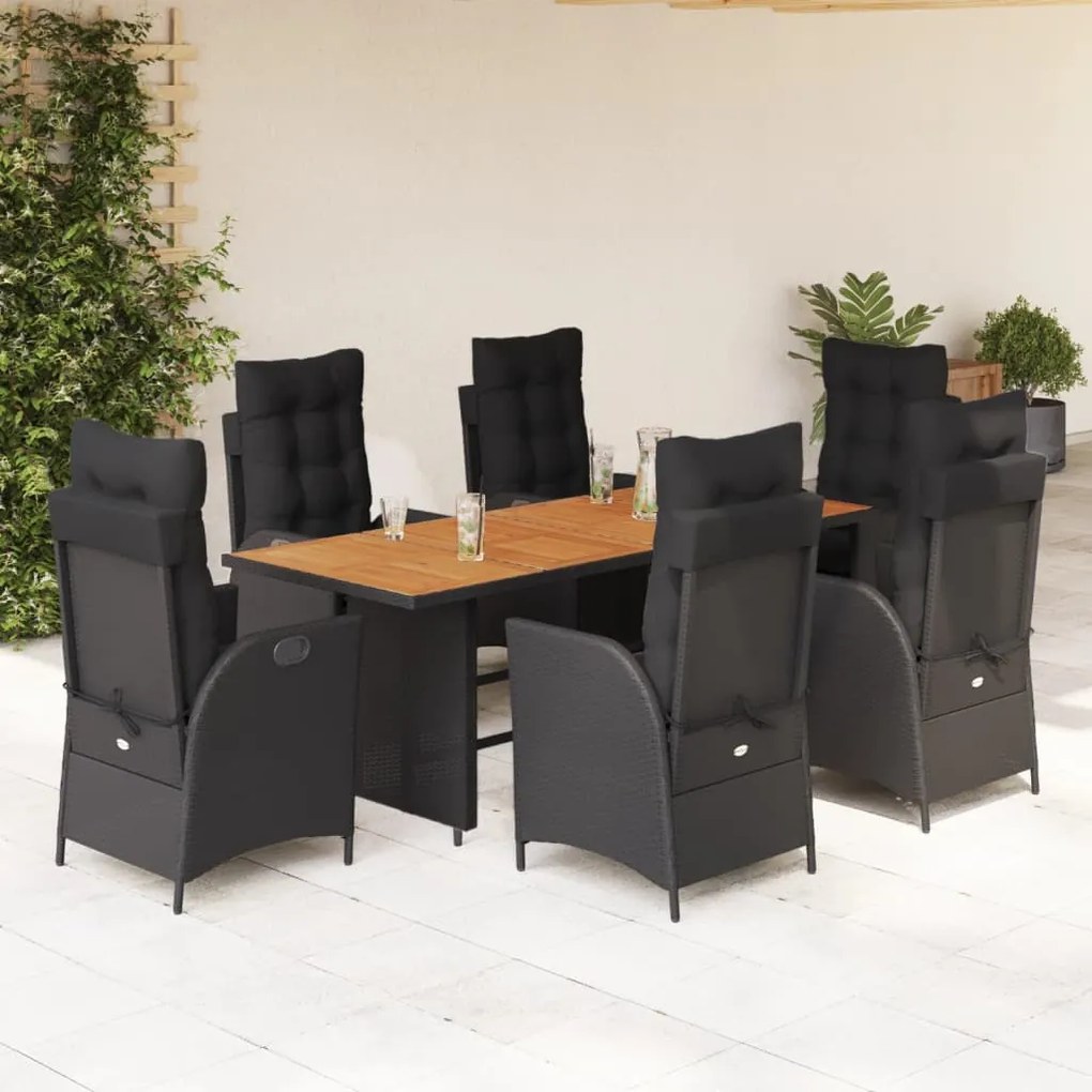 7 részes fekete polyrattan kerti étkezőgarnitúra párnával
